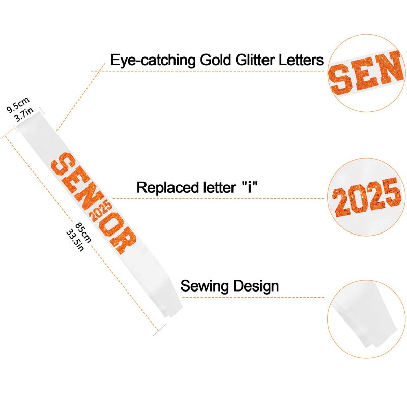 بارتي بروبس 6 قطع من الأوشحة الساتان البيضاء لكبار السن 2025 مع حروف برتقالية لامعة لكبار السن 2025 - أوشحة احتفالات التخرج 2025 - وشاح التشجيع لكبار السن - وشاح المشجع - أوشحة المنافسة الصفية - Image 4